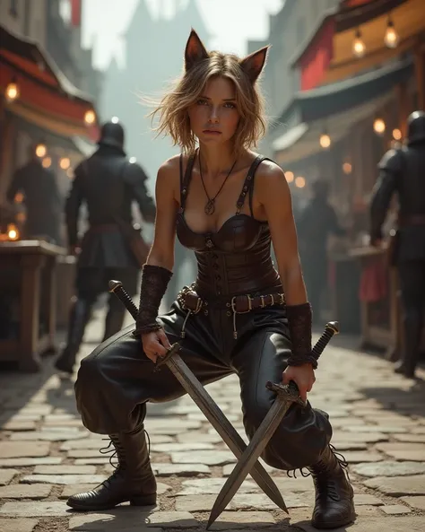 18 years old wolf-girl, petite build, sandy brown hair, medium-short hair, ((wearing leather pants and strapped leather corset:1.4)), crouched in a defensive stance, holding large dagger and ready to fight, medieval market square, knocked over medieval mar...