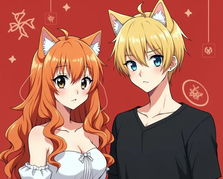 Generate a portrait with two mature anime characters.

A pretty catgirl with the following features: 
Mature feminine face
long curly ginger hair, ginger cat ears
wide black eyes
wearing a white princess dress 

A sexy catboy with the following features:
M...