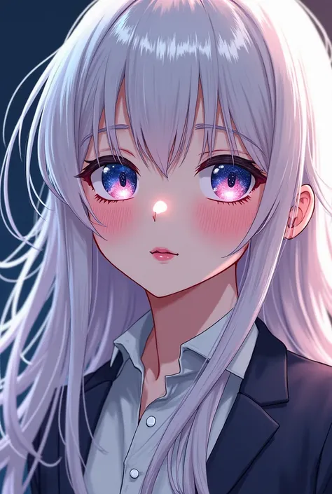 Create the anime-effect image of a pink-lipped girl ,   long white hair , blue eyes like a galaxy and long black eyelashes,   blushed cheeks,   pink lips next to a gentleman with long hair and jet-black locks, with expressionless crimson eyes and porcelain...