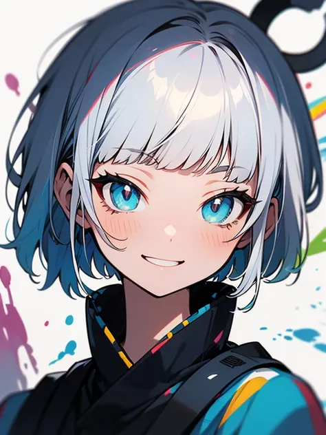  pretty face+,Alone,( white hair short pixie cut),( blunt bangs),、 smile,ropa street fashion, plush white tiger 、、like a painting:1.2、,  official art,  masterpiece ,  beautiful, ,  paint splashes  ,  complex details.  very detailed , [Fallen:0.7],,  white ...