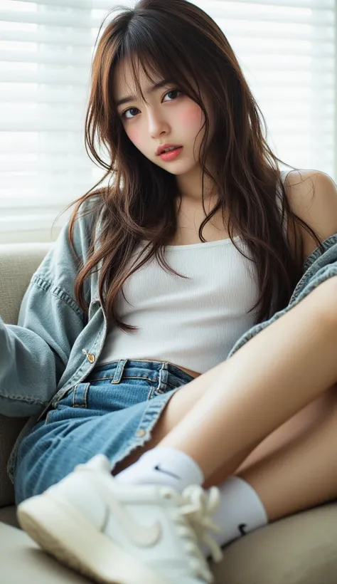 8k,  Great Works ,  top quality ,  Korean Beautiful Women , Low angle , Close-up,  long brown hair ,  in the middle ,  White Tank Top,  Denim Jacket,  unbuttoned ,  White Socks ,  Nike logo ,  Thick sneakers ,  turbid white ,  Relaxing posture , Leg ,   Be...