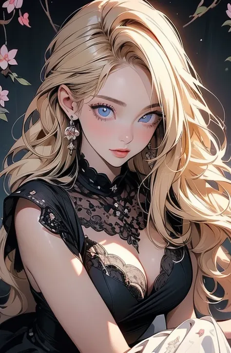 ( masterpiece,  top quality,  Ultra High Resolution:1.3),  1 girl, ((( super detailed eyes:1.4))) places arms behind head, (smile:0.5) Edge Petal,  woman in a black lace dress, wearing Edge Petal, Garden Background, Dim Break  ( long blonde), Half-parted h...