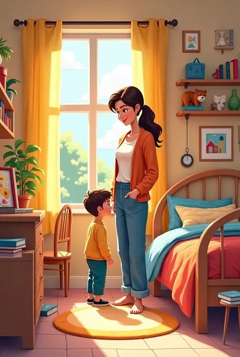 mother standing in  her boy room. cartoon