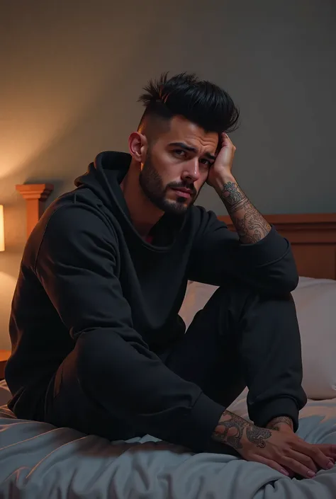  Create a 3D illustration featuring a handsome and realistic 34-year-old man ,  height 1.97,short black pompadour hair ,  brown eyes, trimmed beard,  muscular, with tattoos, wearing black sweatshirt and black sweatpants busy sitting on the bed sad and cryi...