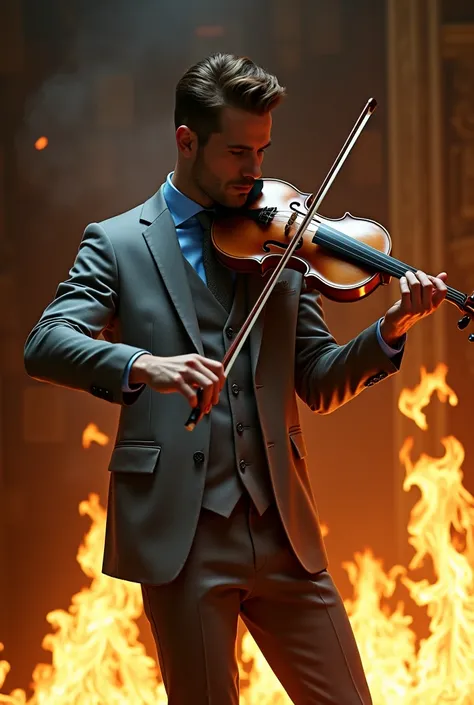 Handsome man dressed in an elegant gray suit with a blue shirt and gray tie playing a violin musical magic to control fire