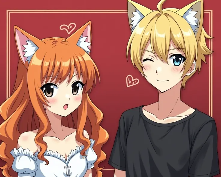 Generate a portrait with two mature anime characters.

A pretty catgirl with the following features: 
Mature feminine face
Fangs
long curly ginger hair, ginger cat ears
wide black eyes
Smile
wearing a white princess dress 

A sexy catboy with the following...