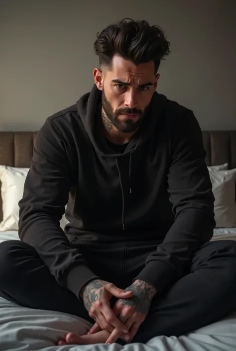  Create a 3D illustration featuring a handsome and realistic 34-year-old man ,  height 1.97,short black pompadour hair ,  brown eyes, trimmed beard,  muscular, with tattoos, wearing black sweatshirt and black sweatpants busy sitting on the bed sad and cryi...