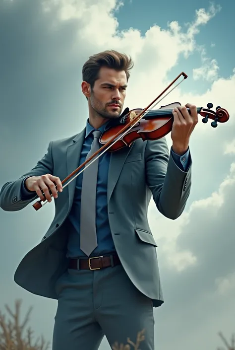 Handsome man dressed in an elegant gray suit with blue shirt and gray tie playing a violin musical magic to control the wind