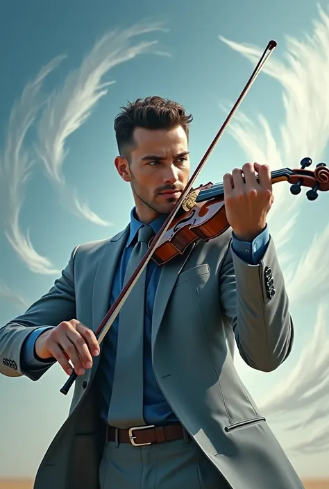 Handsome man dressed in an elegant gray suit with blue shirt and gray tie playing a violin musical magic to control the wind