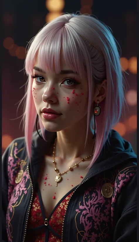 “A stylized anime character with white hair and straight bangs, wearing black bunny ears with pink accents. She has glowing red eyes and a subtle, enigmatic smile. The character is dressed in an elaborate outfit with red and gold embroidered details, inclu...