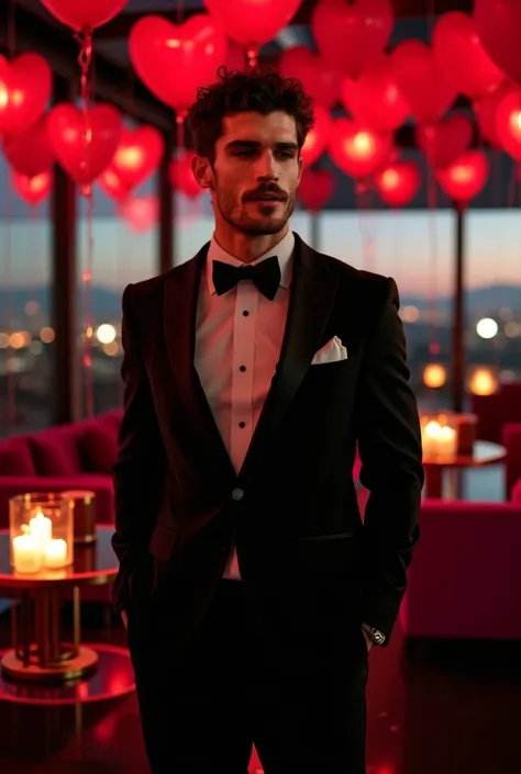 Men's short curly brown hair wet,  sexy look , bigote italiano,  green eyes,  slightly tanned skin , black tuxedo dress , on a modern glass roof terrace , red helium heart-shaped balloons hanging on the ceiling,  glossy black floor,  magenta suede sofas ro...