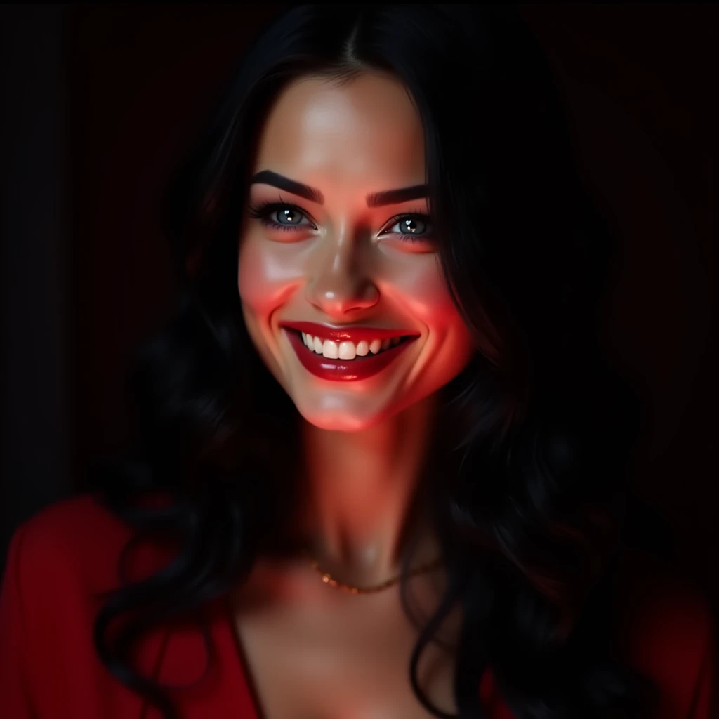 Semi Blurry illustrations of a beautiful 22-year-old blue-eyed American woman with long jet-black hair long blue eyes sapphire is pretty face Megan Fox features defined and sharp well-chewed eyebrows her face is blushed round red lips and dressed red she i...