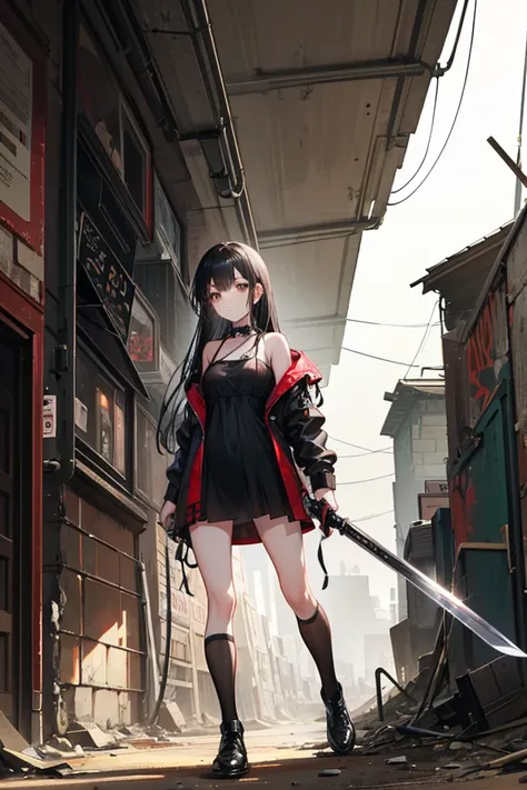 a girl with long black hair, brown eyes, post-apocalyptic environment,black short dress, holding a sword