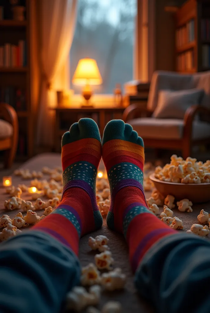  First-person view of my own feet wearing colorful socks,  Darkroom, low light, cozy, popcorn, comfortable weather .