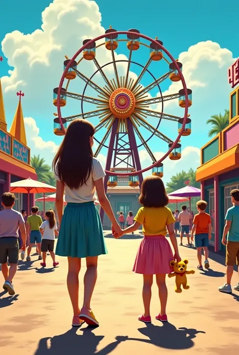 A colorful amusement park and people
In the middle, a large calecita stands out, which is half covered with bars around her and in front of her, 30 steps away, a 17-year-old girl holding hands with an  girl and in her hand a little cuddly yellow bear with ...