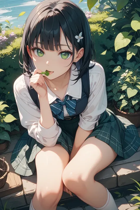  girl、 forward、Peeking In、Face down 、Picking up things on the ground、 emerald green eyes 、 black hair、 skirt、