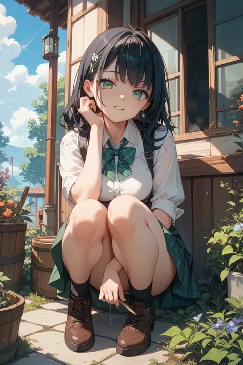  girl、 forward、Peeking In、Face down 、Picking up things on the ground、 emerald green eyes 、 black hair、 skirt、