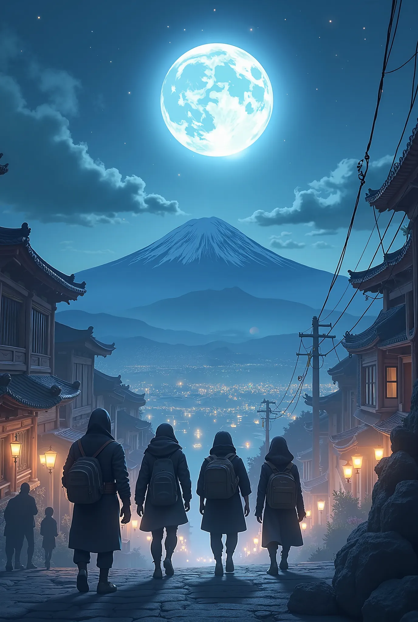 4 travelers arriving in a new city illuminated by a moon that is located above a mountain range in the distance 