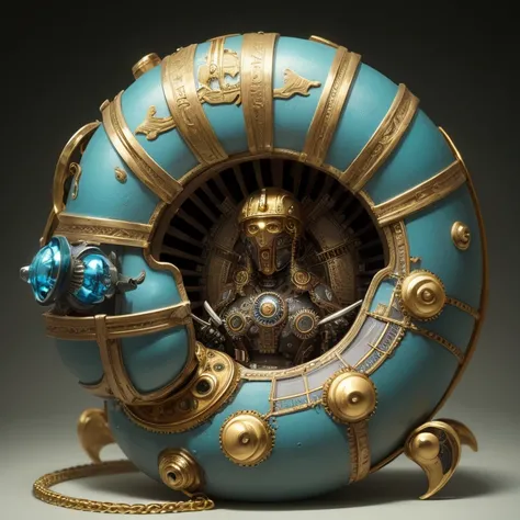 a steampunk machine made of gold and blue topaz that was designed many years ago by the Egyptians and is shaped like a snail shell