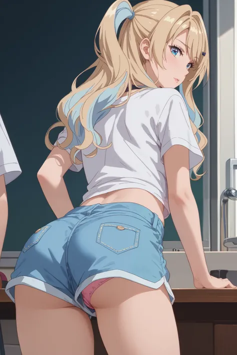    Masterpiece ,    best quality, 1,luna shirakawa, upshorts, Look at the pink panties , with the back ,Very loose shorts showing some of the panties, shorts , looking at the spectator ,Blonde hair with light blue highlights