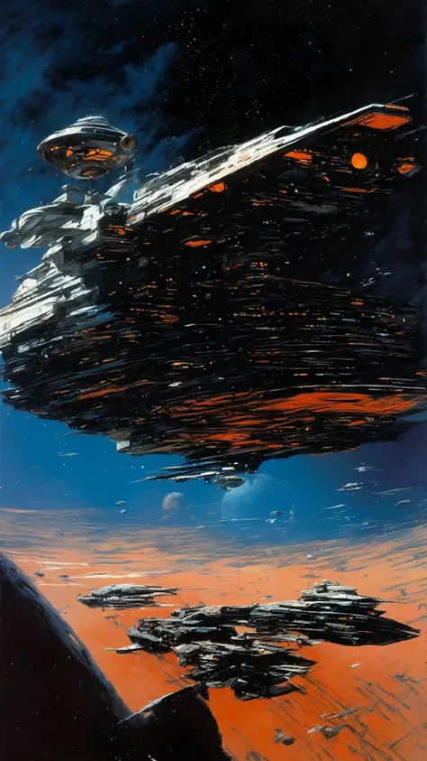 Masterpiece, highest quality, very detailed, absolute resolution, high resolution, highest quality, 8K, John Harris and syd mead Style - A Tau Cetian intergalactic ship flying in the deep dark galaxy ,John Berkey 