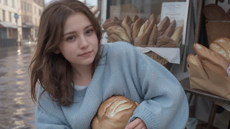 A photorealistic, filmgrain-style image of Emma sitting outside her bakery, head in her hands, as people walk past indifferently. She wears the same damp blue sweater and apron, her auburn hair tangled. The street is wet from the storm, and the bakery sign...