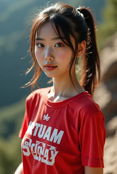  3d 8k photo taken with high quality camera, The sun at noon, very bright , Asian girl with round face ,  seductive smile,  sexy in various poses ,  Exciting action , Outdoor on the mountain, Standing among the cannabis trees  , with bottles of booze lined...