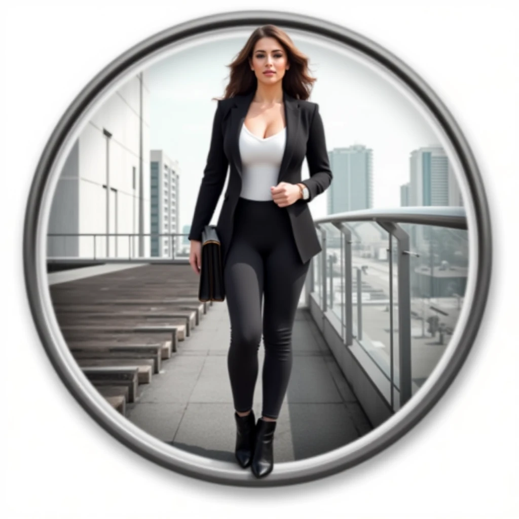 Design a circular, photorealistic logo featuring a stylish, confident woman in modern urban attire. Incorporate sleek accessories and subtle hints of a cityscape in the background to emphasize sophistication.