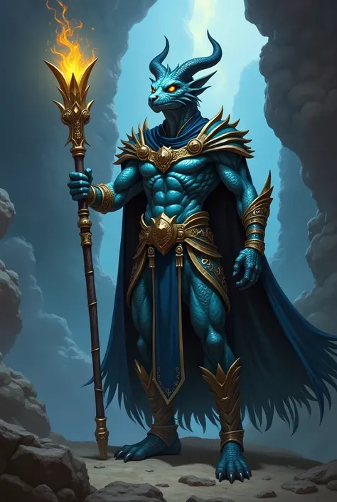 Great Sky Blue and Royal Blue Golden-Eyed Draconate Wizard, wearing noble black leather clothes,  holding staff.