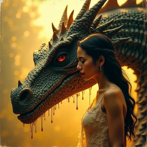 35mm film, splashy sparkly noir painting: shot from extreme low angle in 3/4 profile: freckled latina rests face against massive dragon’s scaled snout, her lace dress flowing. Its wise eye glistens as golden mist softens their timeless bond. Cracked like a...