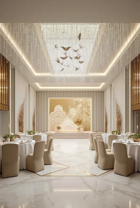  The image shows a spacious banquet hall with modern and elegant design .  The interior is dominated by light colors ,  smooth shapes and airy decorative elements .

 The main design details :
	1.	 Common space
 • The hall is designed in a light neutral pa...