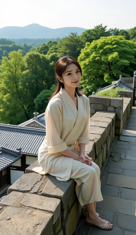 Portrait of a young beautiful Japanese woman sits gracefully on a stone wall of a historic castle,with a gentle smile. Behind her, the lush beauty of nature unfolds—towering green trees, a clear blue sky, and a serene landscape. In the distance, traditiona...