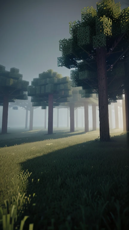  A dark and misty landscape from the Minecraft world,  with pixelated trees and a creepy environment . In the background,  mysterious shadows between trees ,  creating the feeling that something is watching .  The scene must have a cool color palette ,  wi...