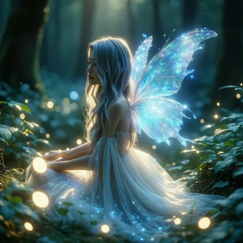 Delicate ,  are highlighted by transparent feathers . She has been a long time,  wave hair,  and her ethereal beauty is soft , Shining Light.  in the background 、 A magical forest with twinkling lights and green leaves spreads out. Fairies sparkle , Transl...