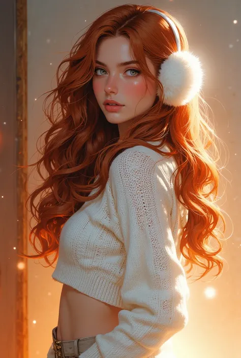 A stunning winter-inspired fashion portrait of a young woman with long, voluminous, wavy auburn hair, elegantly styled with soft white earmuffs. She is wearing a cozy white cropped sweater with long sleeves, accentuating her refined silhouette. Her pose is...