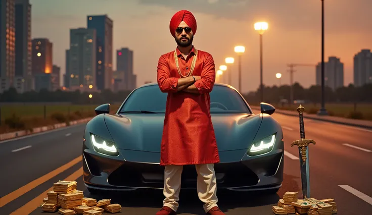 Here’s a detailed image prompt based on the song "King of the Streets":

"A confident Punjabi man in his mid-20s stands in front of a sleek, luxury car, exuding pride and swagger. He wears traditional Punjabi attire with a modern twist: a stylish kurta pai...