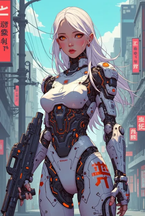 ((anime art style ((magazine cover)) illustration) of (perfect Asian cyborg girl wearing a extremely intricate cybernetic plug suit and holding  a rifle))、(Machine Body),  (((wearing incredibly detailed clothing))), ((LED lights)), (((dynamic pose))), warm...