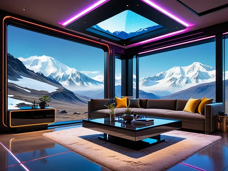 (best quality,4k,8k,highres,masterpiece:1.2),ultra-detailed,(realistic,photorealistic,photo-realistic:1.37),futuristic cyberpunk cabin,mountain view,modern,futuristic technology cabin,metallic finish,sleek design,high-tech,glowing LED lights,neon colors,ad...