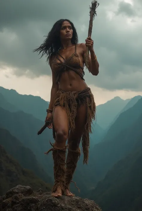 **"A realistic and cinematic full-length image of a South American trival prehistoric warrior woman, with prehistoric weapon in her hand, sensual and powerful, exercising on the top of a mountain at dawn, stormy sky, while exercising. She looks directly at...