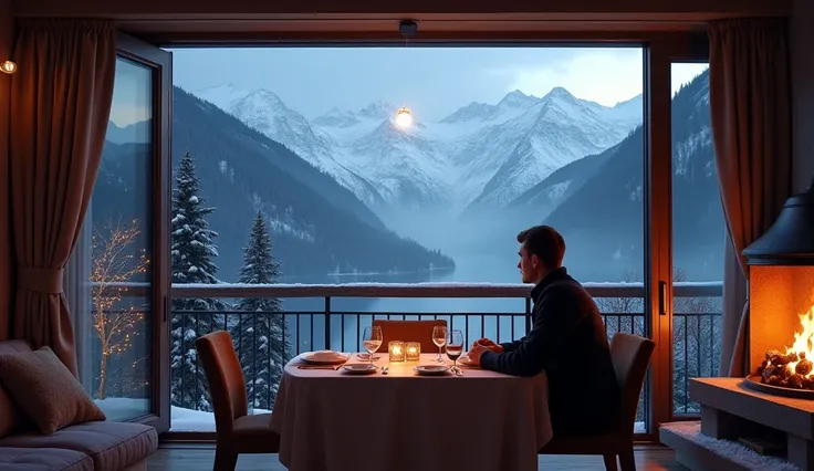  I draw a stunning view of an apartment , In the background the view of a balcony facing the Alps,  falling snow, Open fireplace , a man seated at a table with a romantic dinner , looking at the landscape. With lights in yellow at night environment. realis...