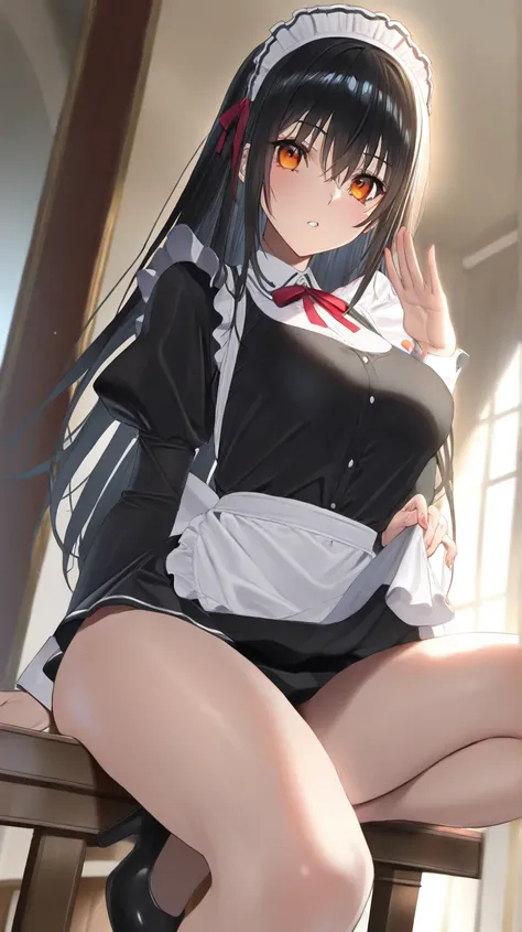 nsfw、( Masterpiece,  top quality:1.2)、Alone、 maid outfit、 miniskirt、 Spouse、prostitution、Sugar Daddy、Handjob pose、Amber Eyes、 long hair、 glossy black hair 、( top quality)、( ultra detail)、( very detailed and beautiful )、( beautiful detail eye)、 ( perfect an...