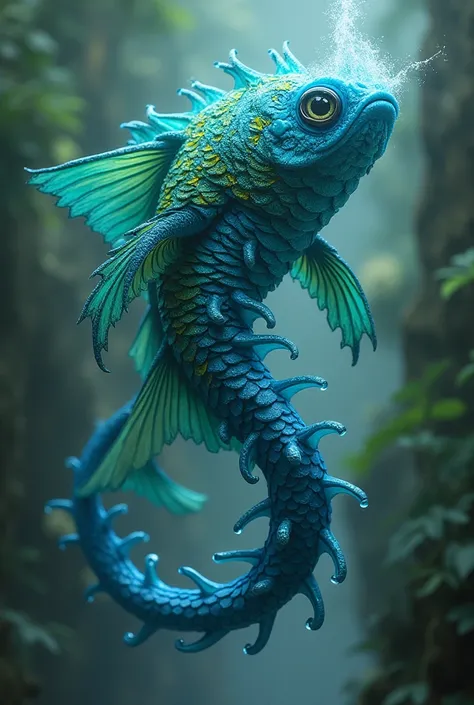 It is a fish created by nature that controls the weather with its breath, has arms like alarms and an extremely long body, has 3 eyes and is radiant blue with intertwined green scales. 