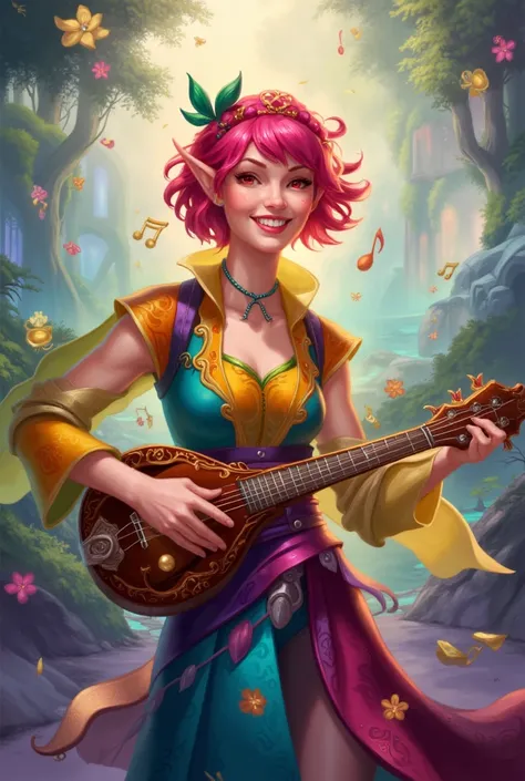 Draw an cheerful elf bard girl with mandolin. She has bright pink short wavy hair and sparkling red eyes. She wears very colorful, cute clothes.