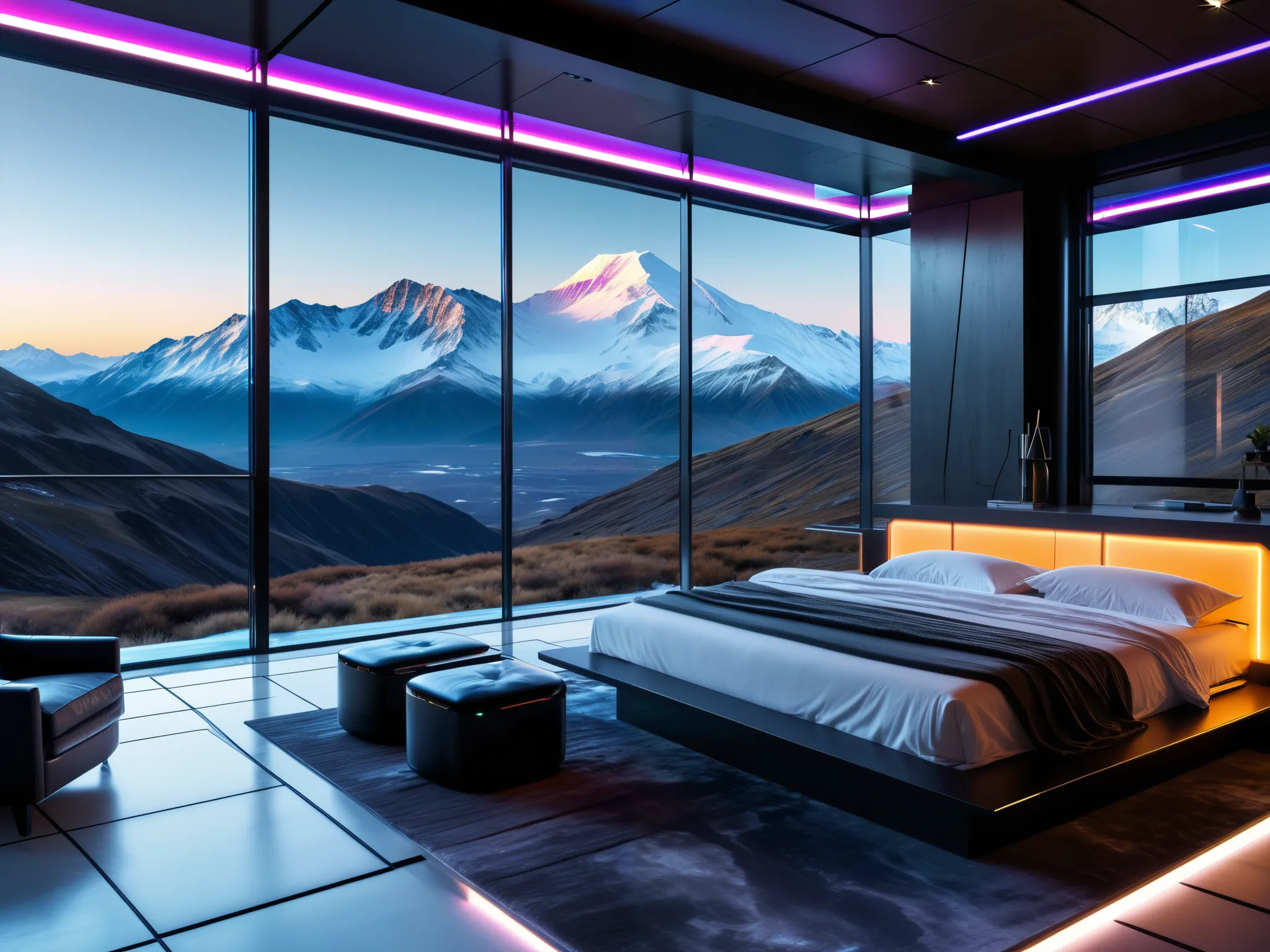 (best quality,4k,8k,highres,masterpiece:1.2),ultra-detailed,(realistic,photorealistic,photo-realistic:1.37),futuristic cyberpunk cabin,mountain view,modern,futuristic technology cabin,metallic finish,sleek design,high-tech,glowing LED lights,neon colors,ad...