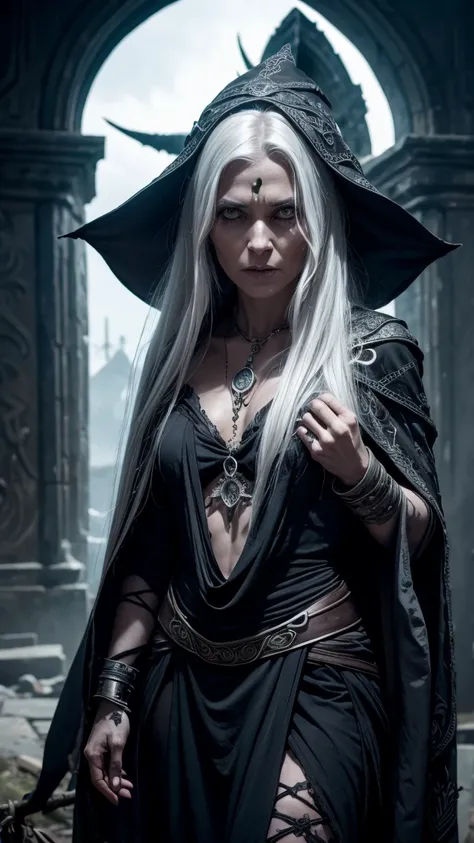  an old elf woman, Her once luminous skin has taken on a ghostly pallor, her eyes gleam with an unsettling intensity, and her long, silver hair now flows like a river of moonlight. Her skin is old and wrinkled. She wears a black glowing necklace. She has a...