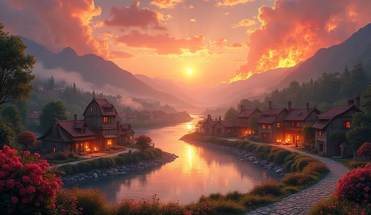 A small village burned to the ground by the river, mountains in the background, colorful flower blossoms, a detailed landscape, beautiful natural scenery, atmospheric lighting, a blazing sunset, warm colors, realistic, photorealistic, detailed foliage, int...