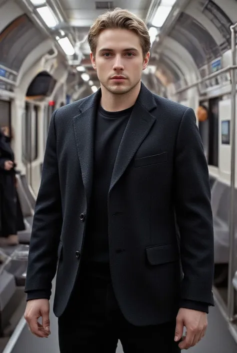 Create a man with a black Fran Perry jacket with a background where a train can be seen