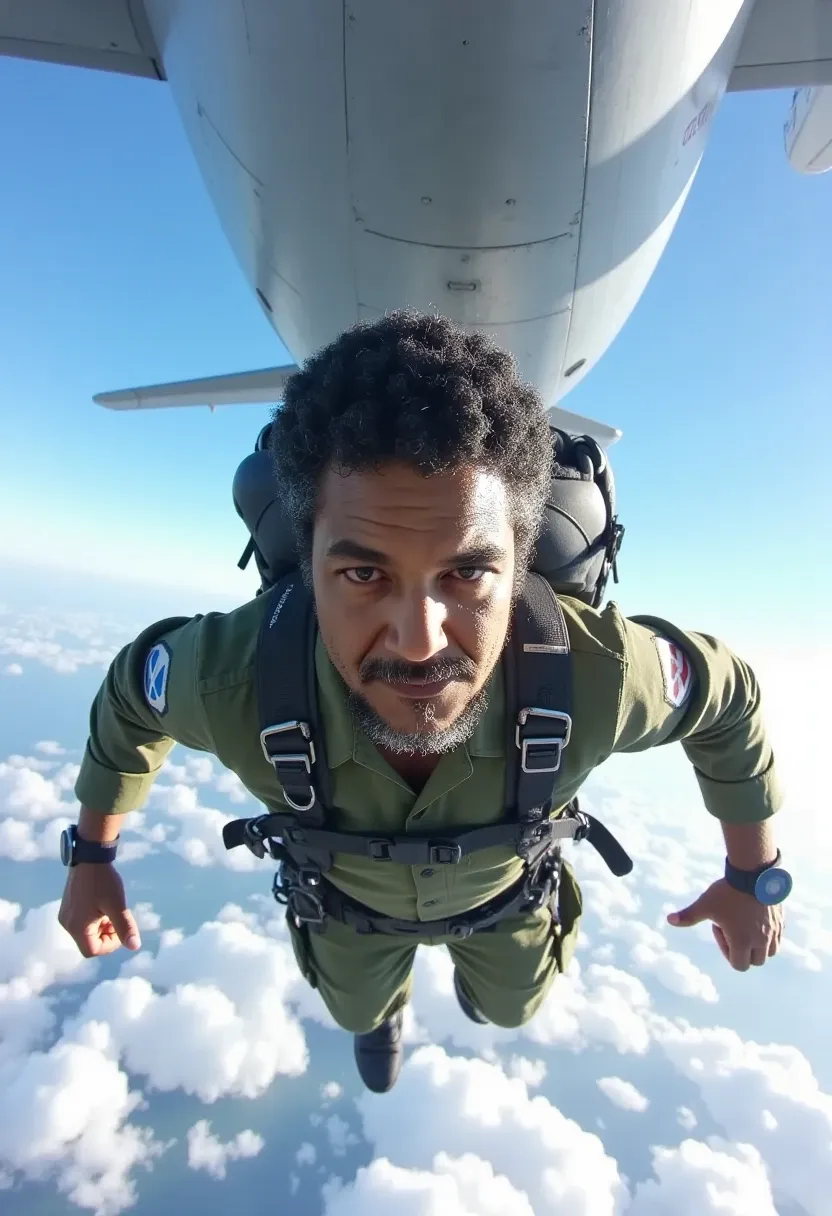 Brazilian paratrooper in the foreground jumps out of a plane that appears in the background against the blue sky. Bottom up camera , 