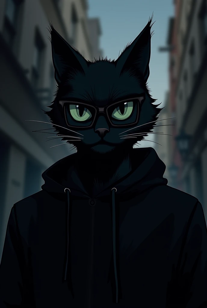  draw

Characters :  An anthropomorphic catman .

coat: dark,  with shades of black or very dark gray .

 Expression: Anger or seriousness ,  with furrowed eyebrows and a penetrating look .

glasses:  These can be thick-framed glasses ,  rectangular or rou...