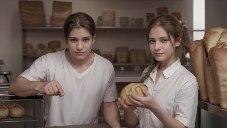 A close-up of Mr. Thompson angrily pointing at a loaf of bread, his expression critical. His hatred reflect the warm bakery lights as he says something disapproving. Emma, standing behind the counter, listens with a tired yet polite smile. The shelves behi...